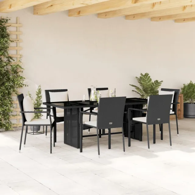 Ensemble à manger de jardin coussins 7pcs Noir Résine tressée