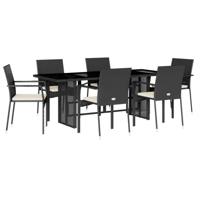 Ensemble à manger de jardin coussins 7pcs Noir Résine tressée