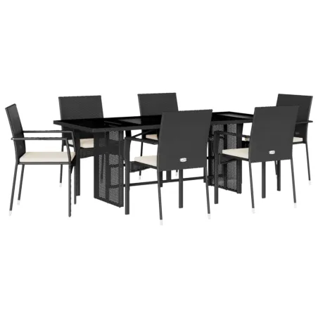 Ensemble à manger de jardin coussins 7pcs Noir Résine tressée
