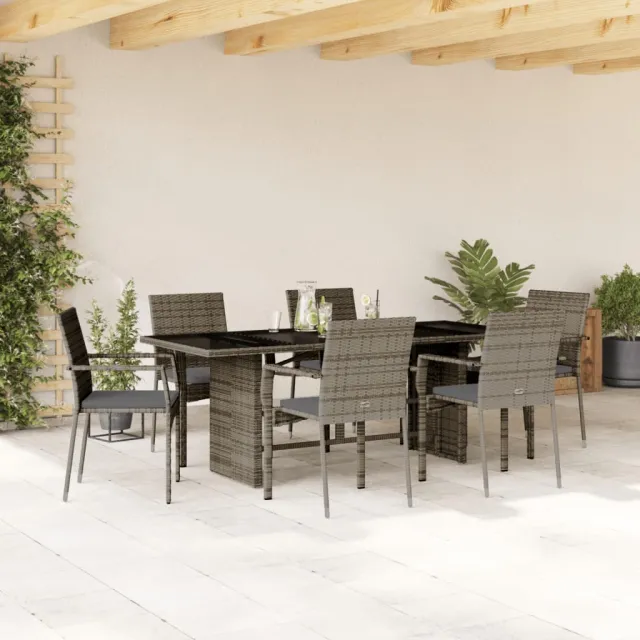 Ensemble à manger de jardin et coussins 7 pcs gris rotin