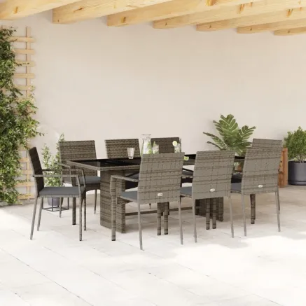 Ensemble à manger de jardin 9 pcs coussins gris résine tressée