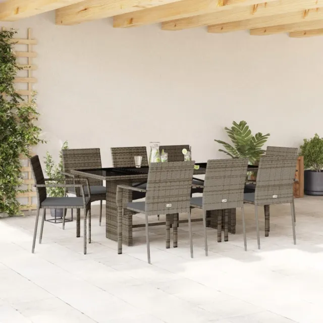 Ensemble à manger de jardin 9 pcs coussins gris résine tressée