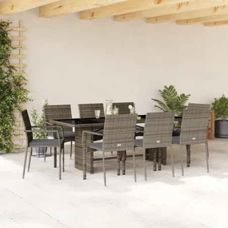 Ensemble à manger de jardin 9 pcs coussins gris résine tressée