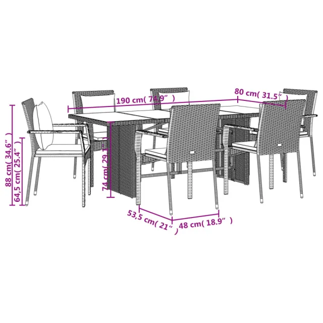 Ensemble à manger de jardin coussins 7pcs Noir Résine tressée