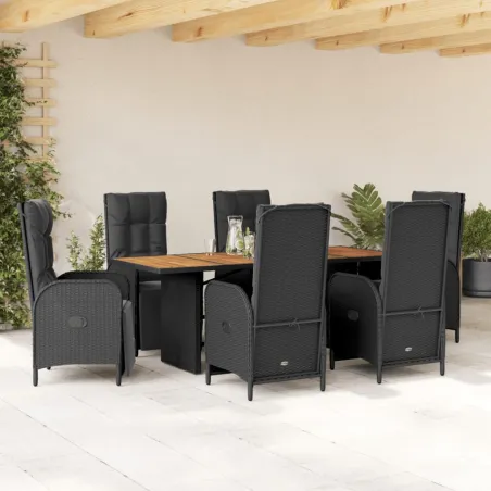 Ensemble à manger de jardin coussins 7pcs Noir Résine tressée