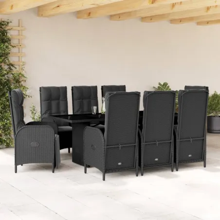 Ensemble à manger de jardin 9pcs coussins noir résine tressée