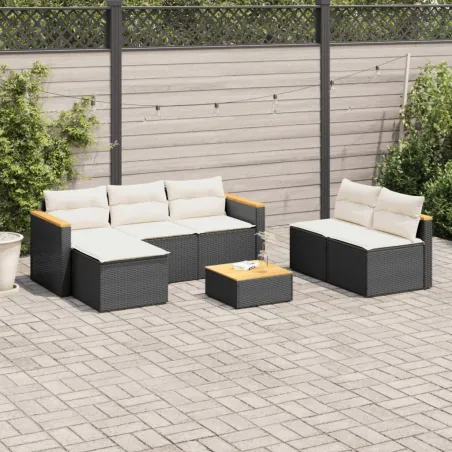 Salon de jardin 5 pcs avec coussins noir résine tressée acacia