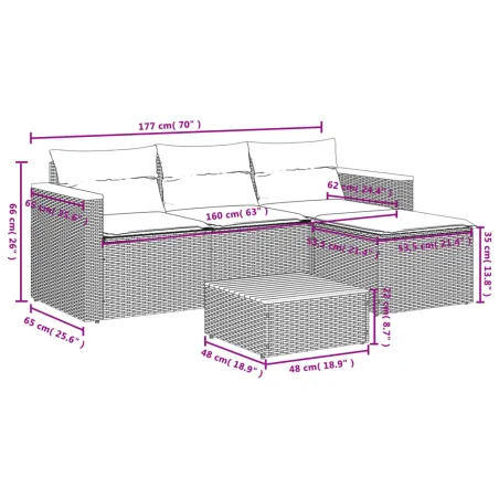 Salon de jardin 5 pcs avec coussins gris résine tressée acacia