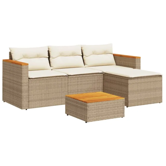 Salon de jardin avec coussins 5 pcs beige résine tressée acacia