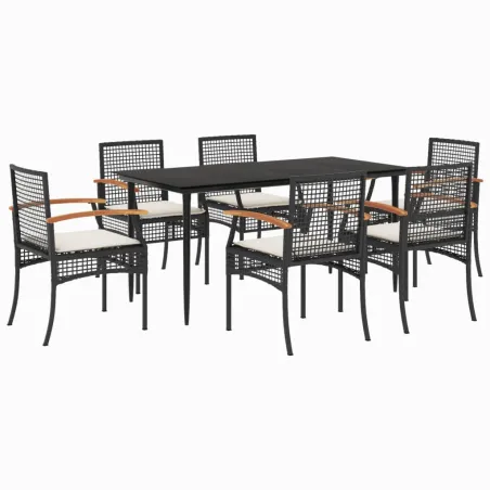 Ensemble à manger de jardin coussins 7pcs Noir Résine tressée