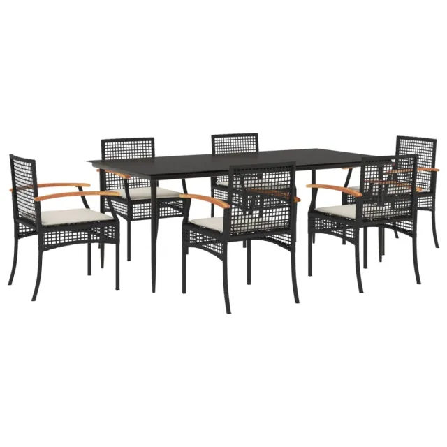 Ensemble à manger de jardin coussins 7pcs Noir Résine tressée