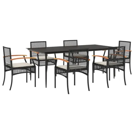 Ensemble à manger de jardin coussins 7pcs Noir Résine tressée