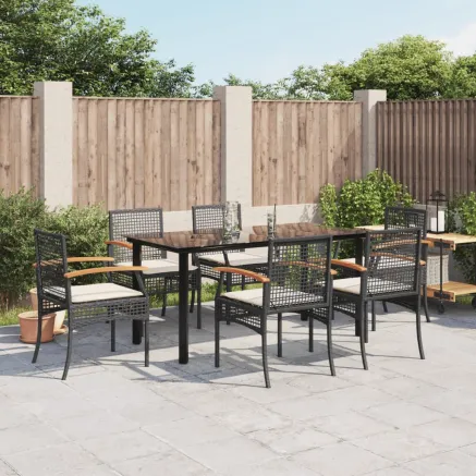 Ensemble à manger de jardin coussins 7pcs Noir Résine tressée