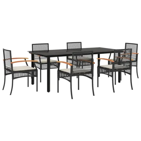 Ensemble à manger de jardin coussins 7pcs Noir Résine tressée