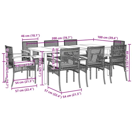 Ensemble à manger de jardin 9pcs coussins noir résine tressée