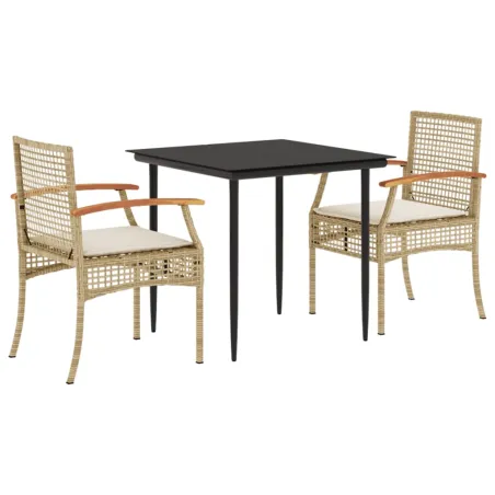 Ensemble à manger de jardin et coussins 3 pcs Beige poly rotin