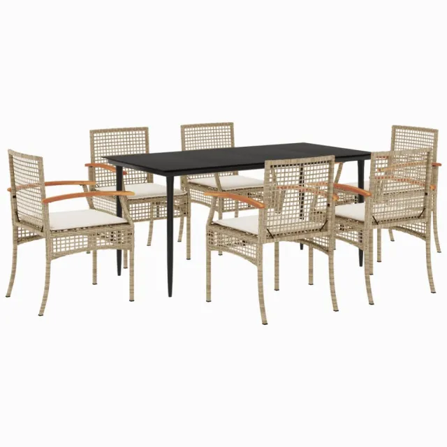 Ensemble à manger de jardin et coussins 7 pcs beige poly rotin