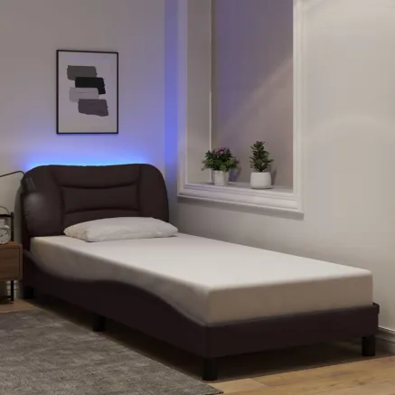 Cadre de lit avec LED sans matelas Hvar marron foncé 80x200 cm tissu