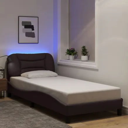 Cadre de lit avec LED sans matelas Hvar marron foncé 90x200 cm tissu