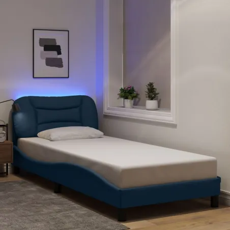 Cadre de lit avec LED sans matelas Hvar bleu 90x200 cm tissu