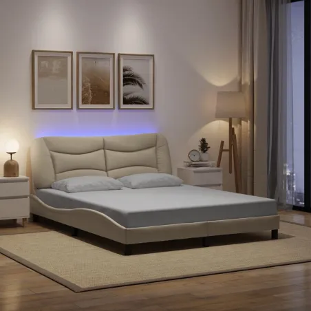 Cadre de lit avec LED sans matelas Hvar crème 160x200 cm tissu