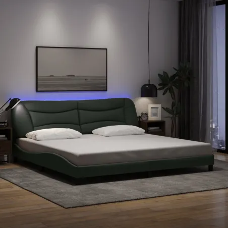 Cadre de lit avec LED sans matelas Hvar gris foncé 200x200 cm tissu
