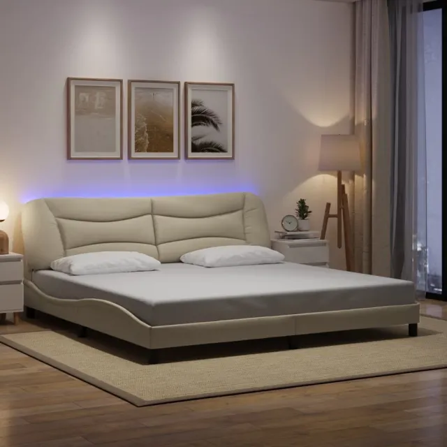 Cadre de lit avec LED sans matelas Hvar crème 200x200 cm tissu