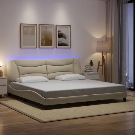 Cadre de lit avec LED sans matelas Hvar crème 200x200 cm tissu