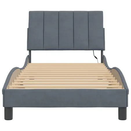 Cadre de lit avec LED sans matelas Hanko gris foncé 90x190 cm velours