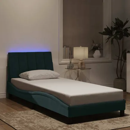 Cadre de lit avec LED sans matelas Hanko vert foncé 90x190 cm velours