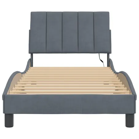 Cadre de lit avec LED sans matelas Hanko gris foncé 90x200 cm velours