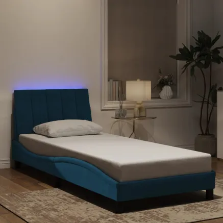 Cadre de lit avec LED sans matelas Hanko bleu 90x200 cm velours