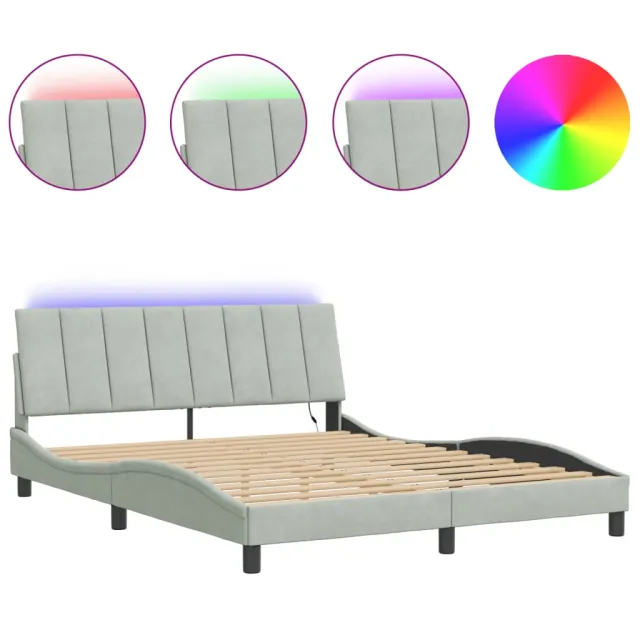 Cadre de lit avec LED sans matelas Hanko gris clair 160x200cm velours