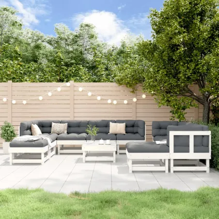 Salon de jardin 11 pcs Blanc Bois de pin massif