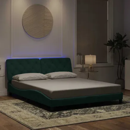 Cadre de lit avec LED sans matelas vert foncé 160x200 cm velours