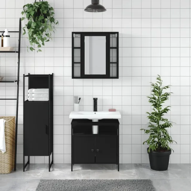 Ensemble d'armoires salle de bain 3 pcs noir bois d'ingénierie
