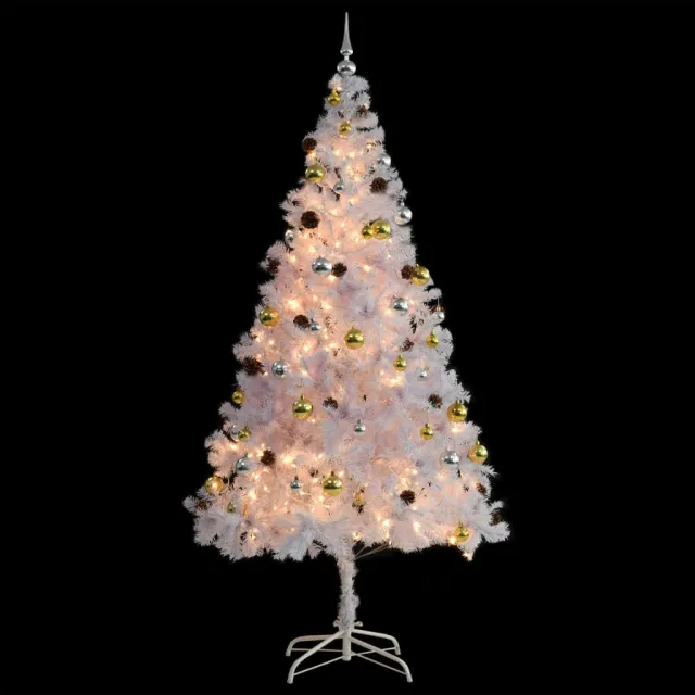 Arbre de Noël artificiel pré-éclairé avec boules blanc 210 cm