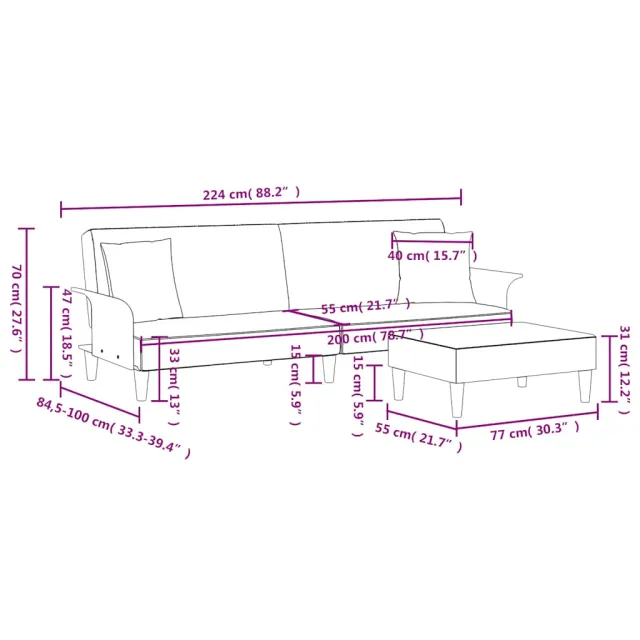 Canapé-lit à 2 places avec oreillers et repose-pied gris clair