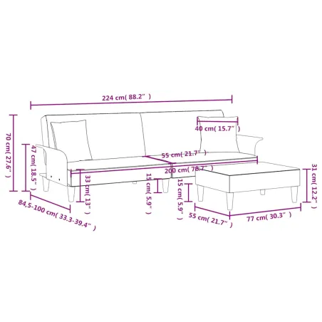 Canapé-lit à 2 places avec oreillers et repose-pied gris clair