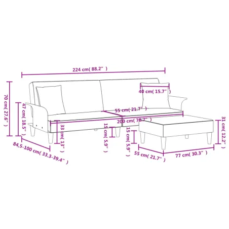 Canapé-lit à 2 places avec oreillers et repose-pied gris foncé