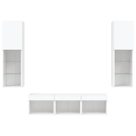 Unités murales TV avec LED 5 pcs blanc bois d'ingénierie