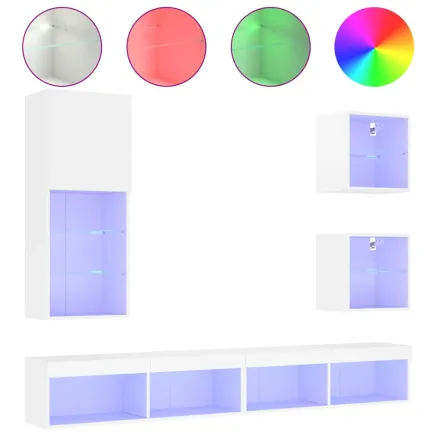 Unités murales TV avec LED 5 pcs blanc bois d'ingénierie 2