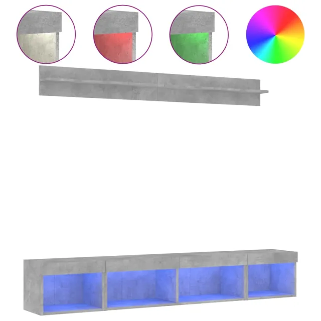 Unités murales TV avec LED 5 pcs gris béton bois d'ingénierie