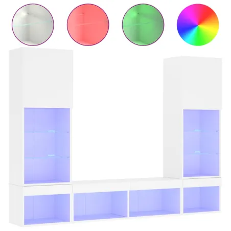 Unités murales TV avec LED 5 pcs blanc bois d'ingénierie