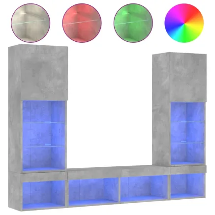 Unités murales TV avec LED 5 pcs gris béton bois d'ingénierie 2