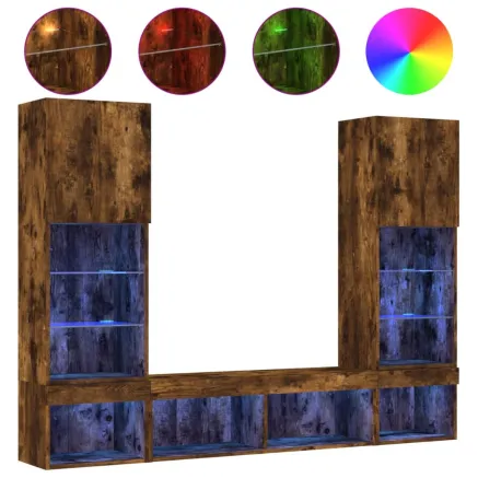 Unités murales TV avec LED 5 pcs chêne fumé bois d'ingénierie 2