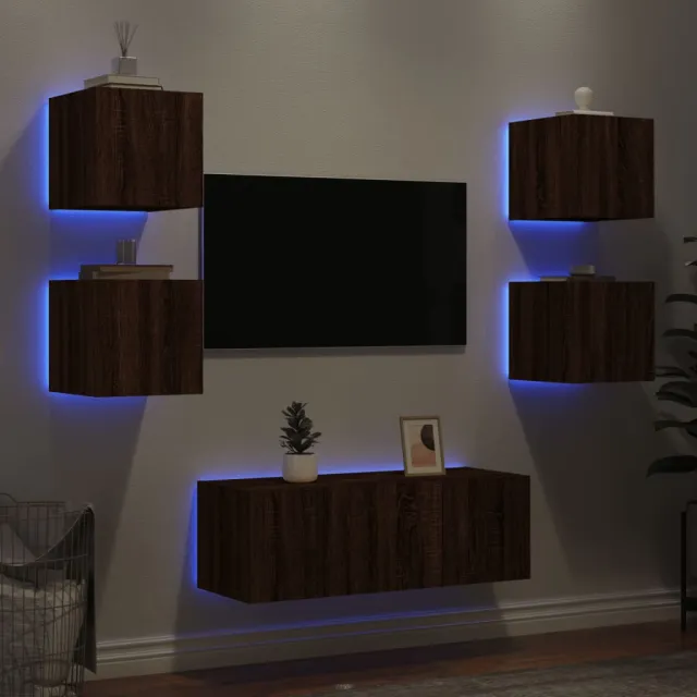 Unités murales TV avec LED 6 pcs chêne marron bois d'ingénierie