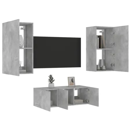 Unités murales TV avec LED 4 pcs gris béton bois d'ingénierie