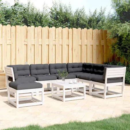 Salon de jardin 7 pcs avec coussins blanc bois de pin massif