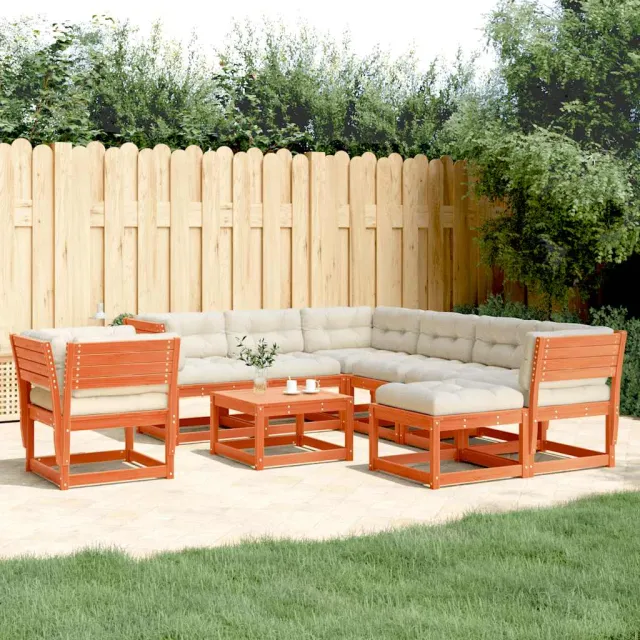 Salon de jardin 8 pcs avec coussins cire marron bois pin massif
